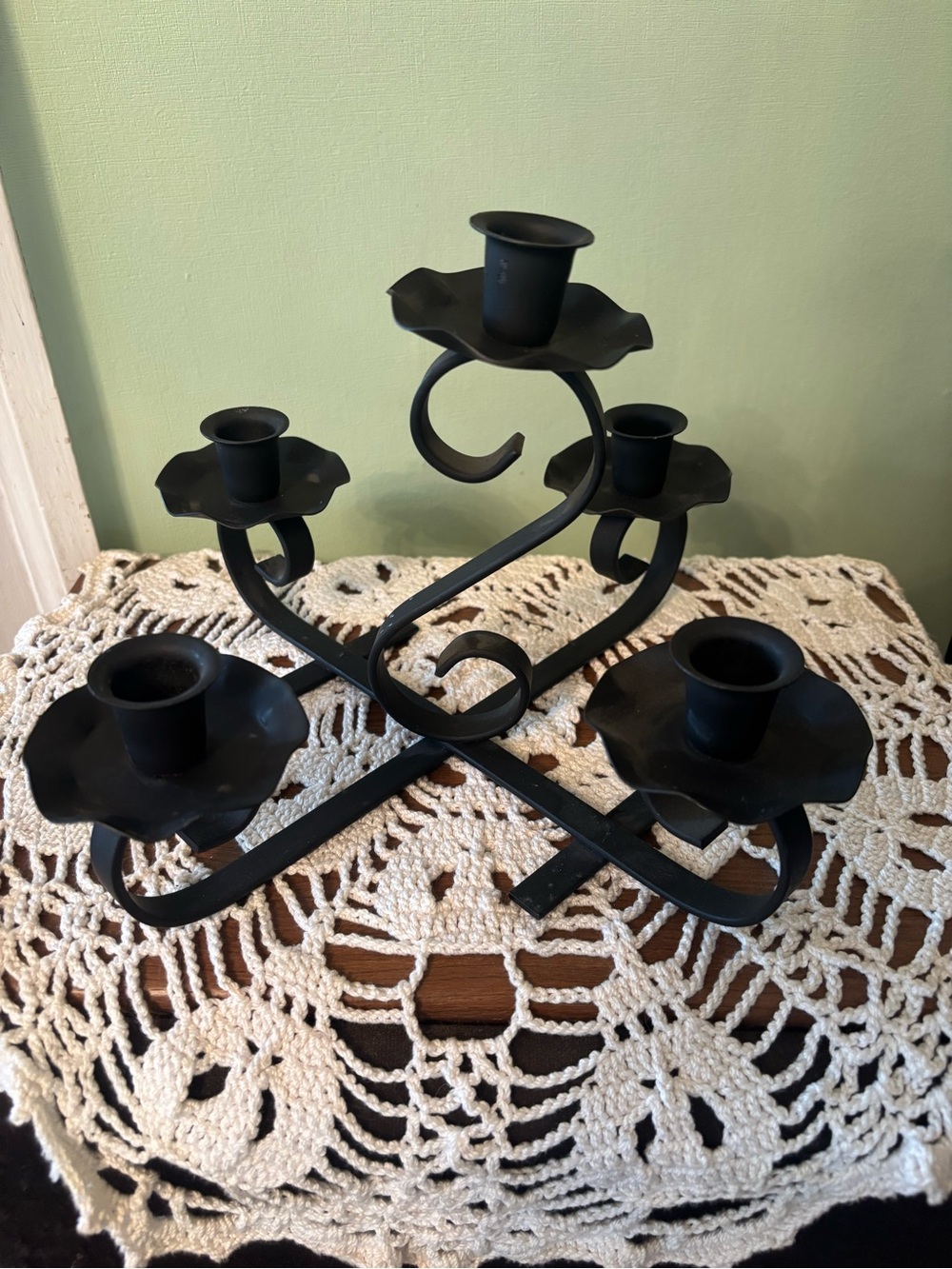 Vintage Black Wrought Iron Five Arm Candelabra Candle Holder